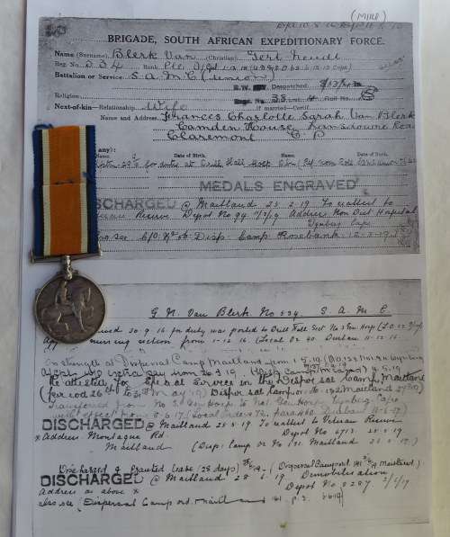 WW1 WAR MEDAL TO CPL G.N. VAN BLERK SAMC-7 PAGES OF RESEARCH