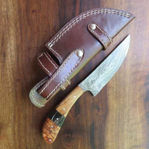 HANDMADE DAMASCUS STEEL HUNTING KNIFE-WOOD INLAID HANDLE-OVERALL LENGTH 227MM