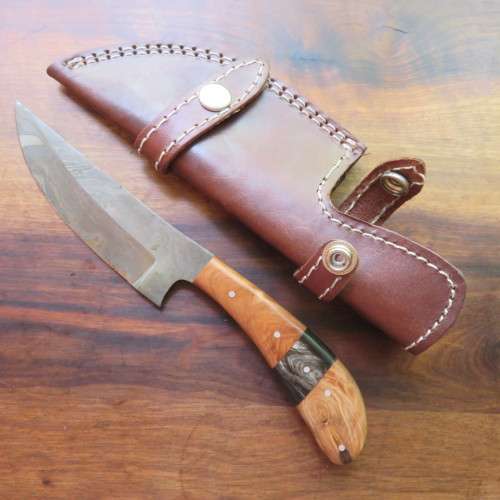 HANDMADE DAMASCUS STEEL HUNTING KNIFE-WOOD INLAID HANDLE-OVERALL LENGTH 227MM