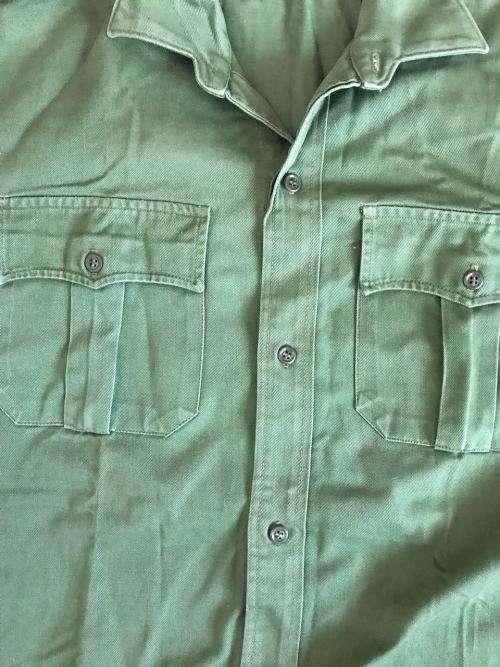 RHODESIAN OLIVE GREEN,LONG SLEEVE SHIRT-LABELLED,STATESMAN-SIZE LARGE-MEASURES 57CM ARMPIT TO ARMPIT