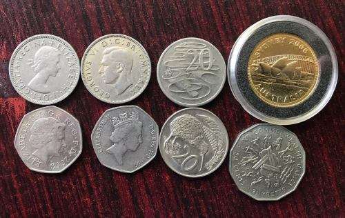 SELECTION OF 8 COINS-SOLD TOGETHER -BRITISH, AUSTRALIAN & NEW ZEALAND