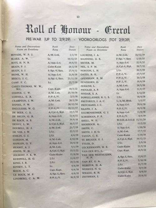 ROLL OF HONOUR SOUTH AFRICAN AIR FORCE-31 MAY 1950- 36 PAGES