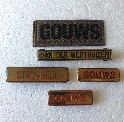SADF PERIOD SELECTION OF NAME BADGES- 5 IN TOTAL