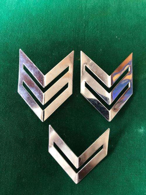 CHROMED SERGEANT RANK PAIR & ONE FOR CORPORAL-PINS COMPLETE-ONLY WORN BY THE ARMY