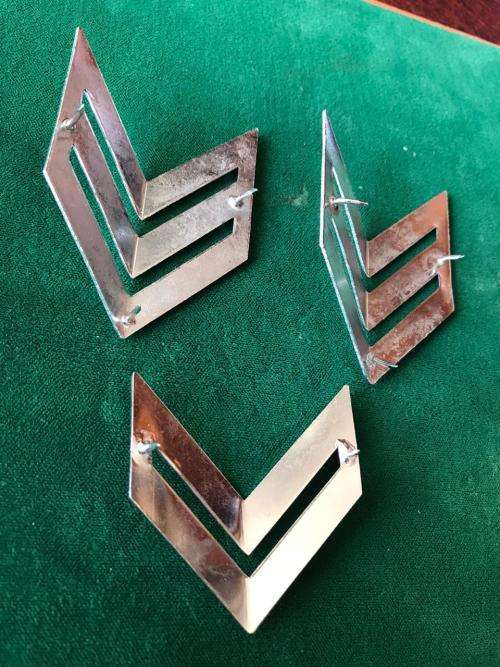 CHROMED SERGEANT RANK PAIR & ONE FOR CORPORAL-PINS COMPLETE-ONLY WORN BY THE ARMY