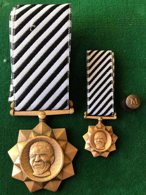 FULL SIZE & MINIATURE MANDELA MEDAL WITH STICK PIN- THE FULL SIZE NUMBERED