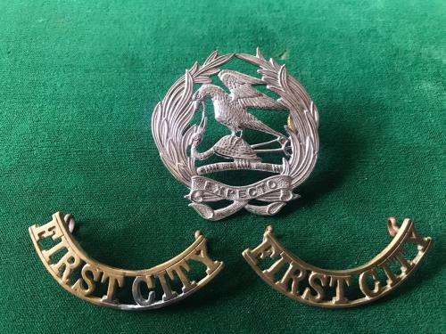 FIRST CITY REGT. TAMO'SHANTER CHROMED BADGE-SOLD WITH TWO BRASS TITLES-WORN POST 1932-ALL LUGS INTAC