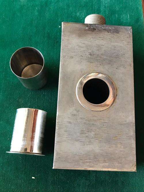 TIN LINED,GERMAN WELL MADE FLASK WITH 2 GLASSES-13 OZ-MEASURES 45X75 MM-HEIGHT 160MM