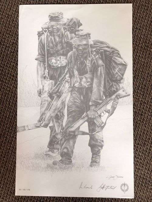 SA RECCE REGT. PENCIL SKETCH BY L. GREWER STEENKAMP AND SIGNED BY MAJ. F.W. LOOTSand COL. JAN BREYTE