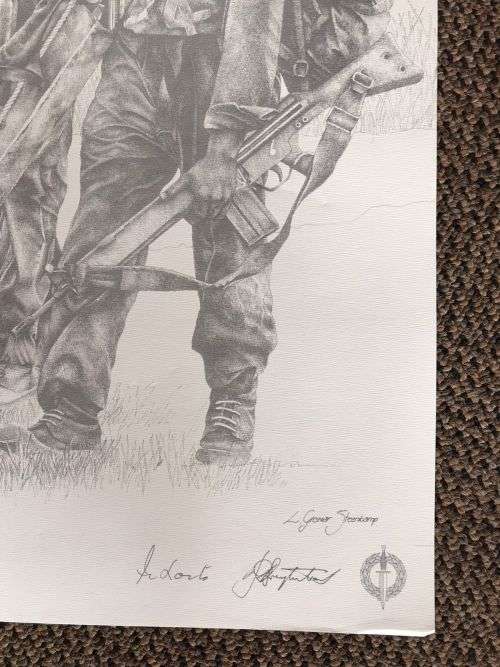 SA RECCE REGT. PENCIL SKETCH BY L. GREWER STEENKAMP AND SIGNED BY MAJ. F.W. LOOTSand COL. JAN BREYTE