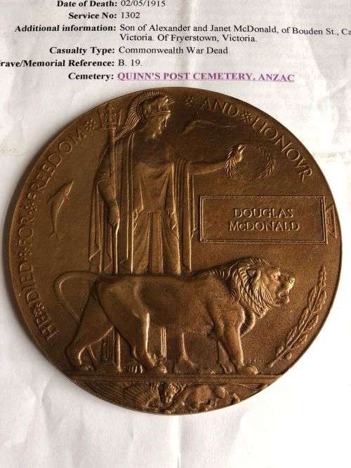 WW1 DEATH PLAQUE TO AN AUSTRALIAN-DOUGLAS MCDONALD-AUSTRALIAN INFANTRY A.I.F.-HE WAS WITH 16TH BN. A