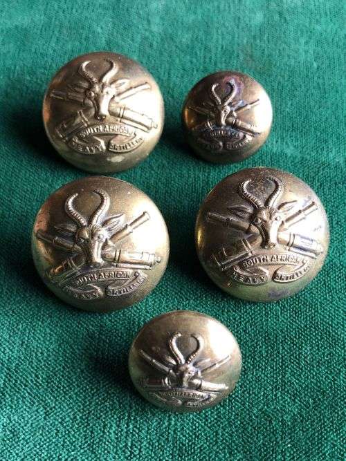 SA HEAVY ARTILLERY TUNIC BUTTONS-5 SOLD IN TOTAL-WORN 1915-1919-DIAMETER 25 AND 18 MM