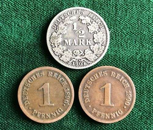 3 COINS SOLD TOGETHER-1907 SILVER 1/2 MARK WEIGHT 2,777G AND 1890 WITH 1900 1 PFENNIG
