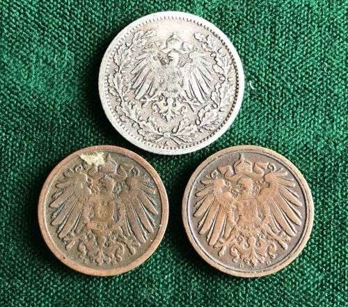3 COINS SOLD TOGETHER-1907 SILVER 1/2 MARK WEIGHT 2,777G AND 1890 WITH 1900 1 PFENNIG