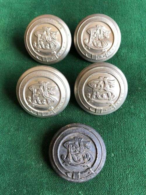 SA RAILWAY POLICE,OLD PATTERN BUTTONS- 5 SOLD TOGETHER-DIAMETER 28 MM