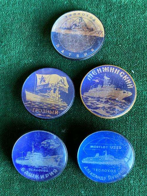 SOVIET RUSSIA NAVY FLEET SHIP CRUISER PIN BADGES-(VARYAG)1980`S-5 SOLD TOGETHER-STICK PINS INTACT
