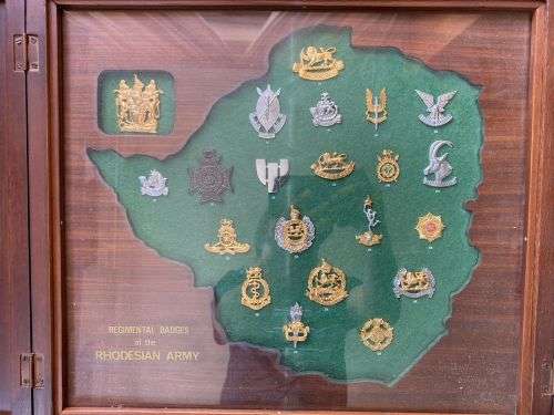 RHODESIAN BADGES OF THE REGIMENTS AND CORPS OF THE FORMER ARMY,PRESENTED IN A CUSTOM MADE CABINET OF