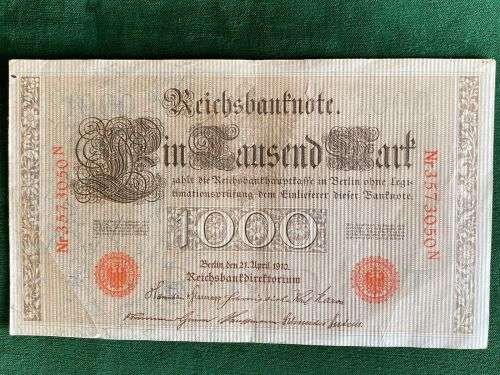 1000 MARK REICHSBSANK NOTE-RED SEAL GERMANY 21 APRIL 1910-BEAUTIFUL BIG NOTE IN VERY GOOD CONDITION