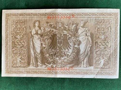1000 MARK REICHSBSANK NOTE-RED SEAL GERMANY 21 APRIL 1910-BEAUTIFUL BIG NOTE IN VERY GOOD CONDITION