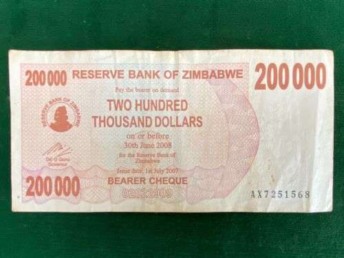 ZIMBABWE 200 000 DOLLARS BANKNOTE-SERIAL NO AX 251568