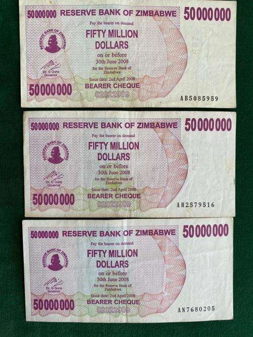 LOT OF 3 ZIMBABWE BANKNOTES FIFTY MILLION DOLLARS-PREFIX AN, AH AND AB