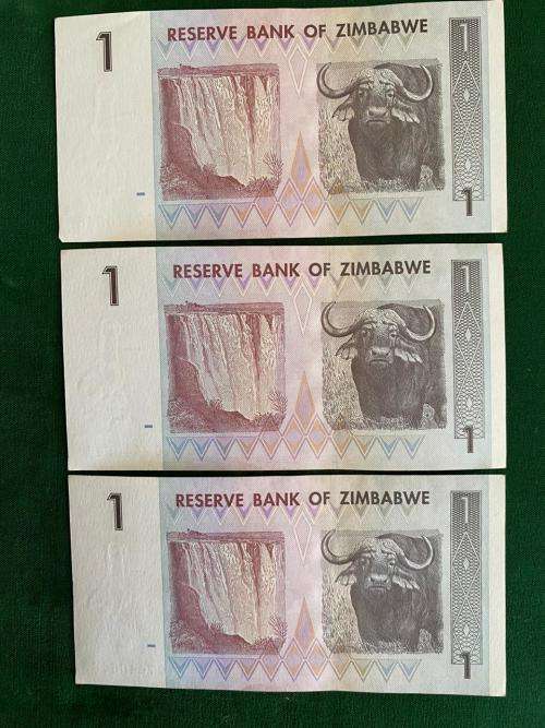 ZIMBABWE 2007 BANKNOTES ONE DOLLAR- 3X CONSECUTIVE NUMBERED-UNCIRCULATED