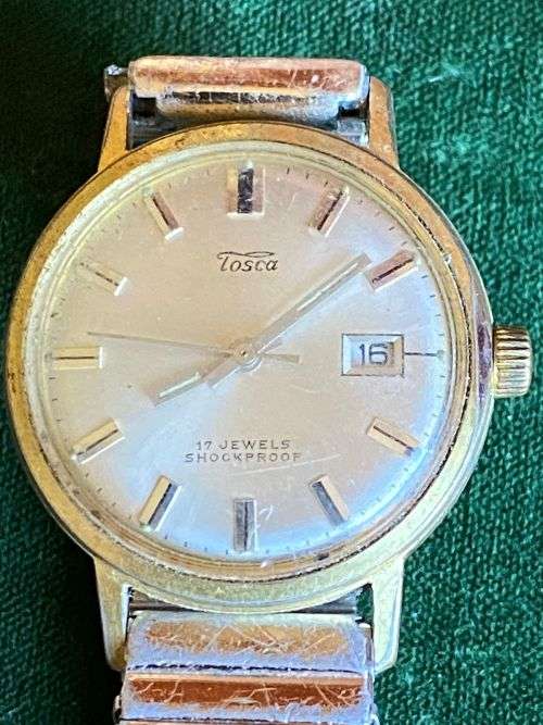 TOSCA 17 JEWELS SHOCKPROOF,MENS WATCH-NOT WORKING,MOVEMENT ORIGINAL TO WATCH-TOTAL DIAMETER 32 MM