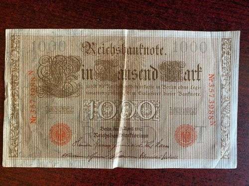 1000 MARK REICHSBANKNOTE,RED SEAL GERMANY 21 APRIL 1910-BEAUTIFUL BIG NOTE IN GOOD CONDITION