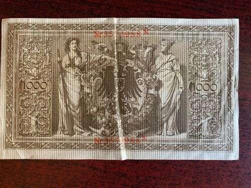 1000 MARK REICHSBANKNOTE,RED SEAL GERMANY 21 APRIL 1910-BEAUTIFUL BIG NOTE IN GOOD CONDITION