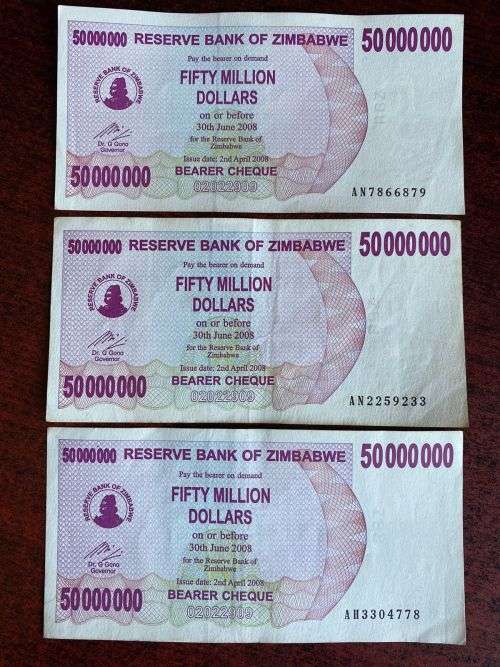ZIMBABWE UNCIRCULATED 500 MILLION DOLLAR BEARER CHEQUE- 3 SOLD TOGETHER