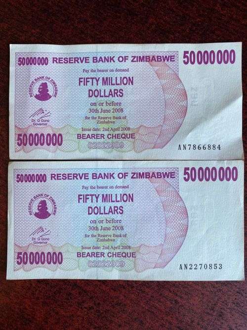 ZIMBABWE UNCIRCULATED 500 MILLION DOLLAR BEARER CHEQUE- 2 SOLD TOGETHER