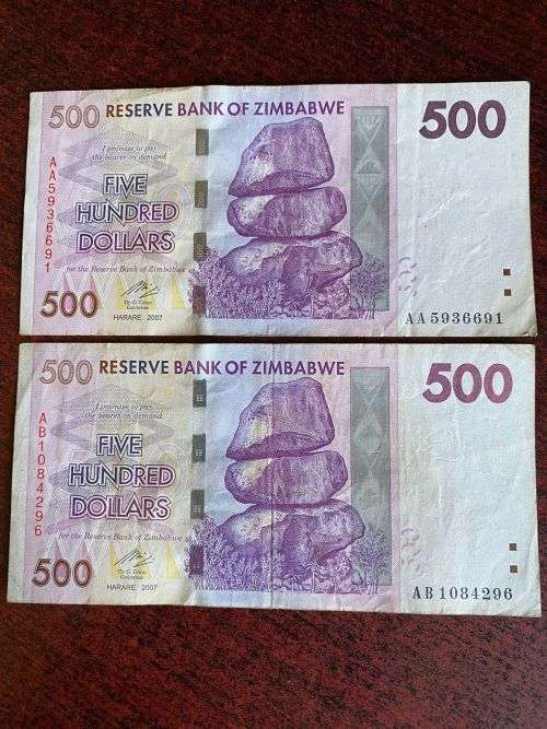 ZIMBABWE 500 HUNDERD DOLLAR NOTES- 2 SOLD TOGETHER-USED BUT GOOD
