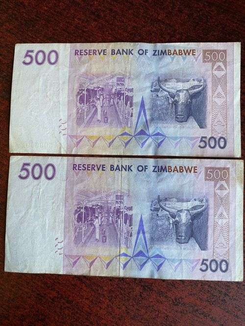 ZIMBABWE 500 HUNDERD DOLLAR NOTES- 2 SOLD TOGETHER-USED BUT GOOD