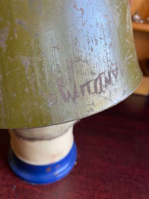 BULGARIAN M72 STEEL HELMET-USED IN ANGOLA DURING THE BORDER WAR-THERE IS A PLATE STUCK TO THE FRONT