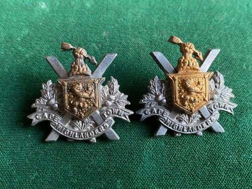 CAPE TOWN HIGHLANDERS BI/METAL COLLAR BADGE PAIR-WORN POST 1902- PINS INTACT