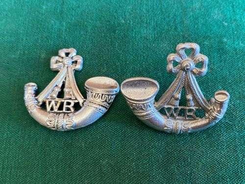 WITWATERSRAND RIFLES COLLAR BADGE PAIR- WORN POST 1964-THE ONE COLLAR WITHOUT LUGS