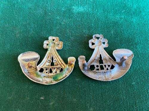 WITWATERSRAND RIFLES COLLAR BADGE PAIR- WORN POST 1964-THE ONE COLLAR WITHOUT LUGS