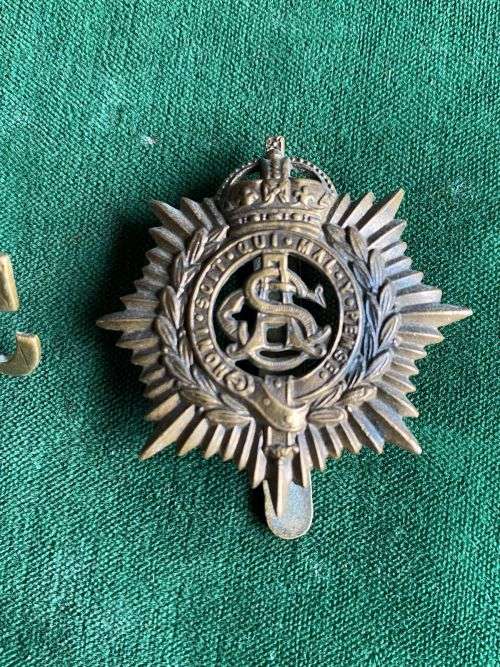 ROYAL ARMY SERVICE CORPS CAP BADGE AND TITLE- 1902-18-LUGS + SLIDER INTACT