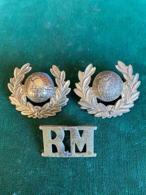ROYAL MARINES COLLAR BADGE PAIR AND ONE TITLE-WORN FROM 1923-LUGS INTACT