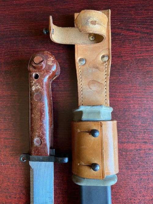 ROMANIAN MADE AKM BAYONET-RED GRIPS WITH MATCHING NUMBERS FOR BAYONET AND SCABBARD