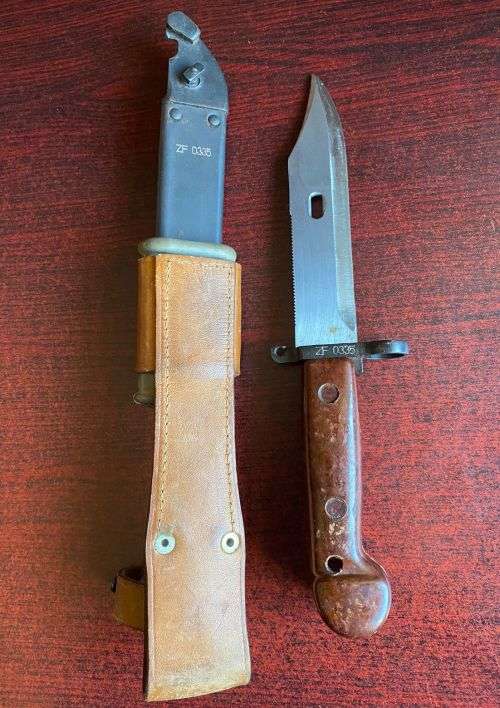 ROMANIAN MADE AKM BAYONET-RED GRIPS WITH MATCHING NUMBERS FOR BAYONET AND SCABBARD