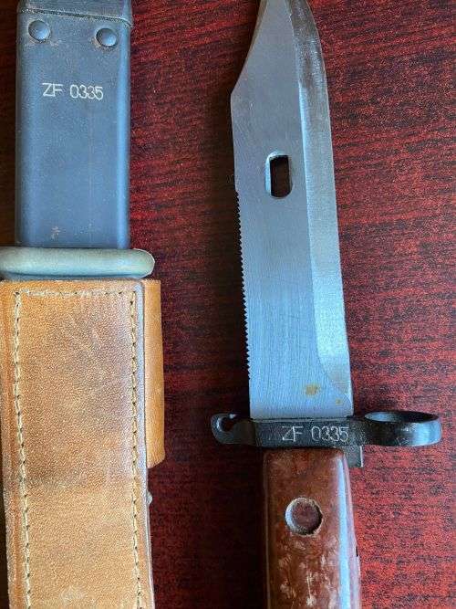ROMANIAN MADE AKM BAYONET-RED GRIPS WITH MATCHING NUMBERS FOR BAYONET AND SCABBARD