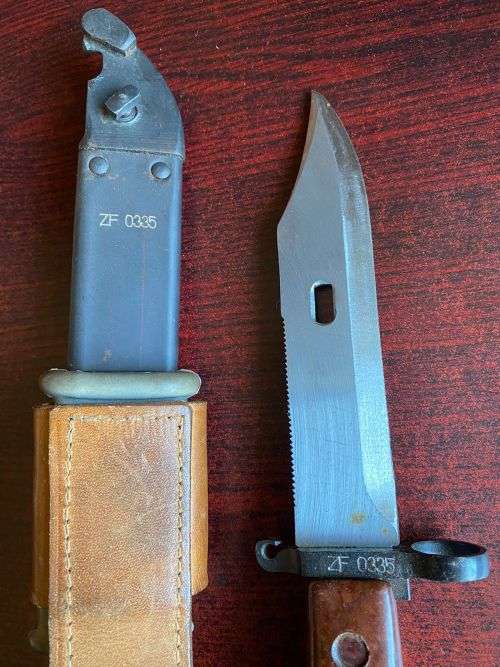 ROMANIAN MADE AKM BAYONET-RED GRIPS WITH MATCHING NUMBERS FOR BAYONET AND SCABBARD