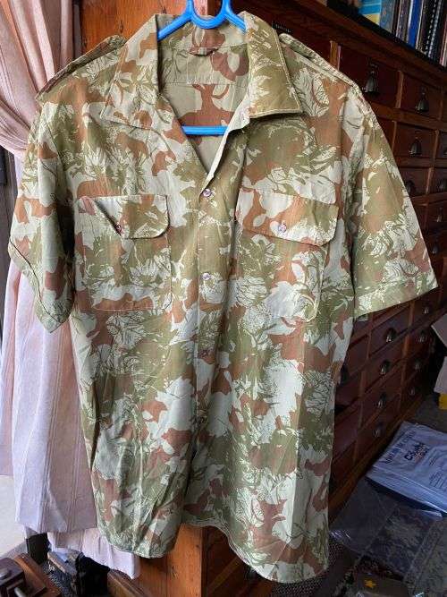 POLICE TASK FORCE-2ND PATTERN CAMO SHORT SLEEVE SHIRT-SIZE MEDIUM TO LARGE-MEASURES 60 CM ARMPIT TO