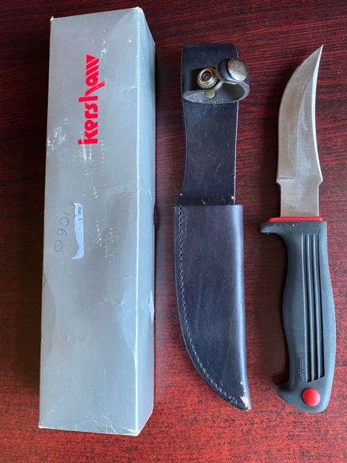 JAPAN KERSHAW KNIFE WITH RUBBER HANDLE IN LEATHER SHEETH IN ORIGINAL BOX-OVERALL LENGTH 26 CM