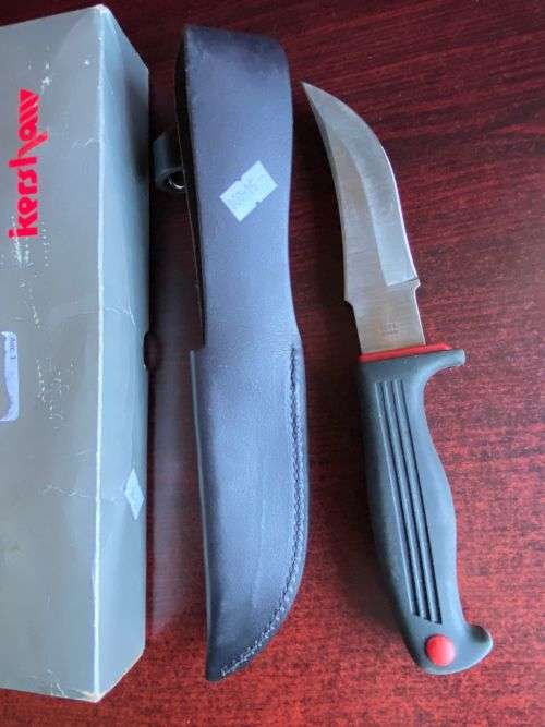 JAPAN KERSHAW KNIFE WITH RUBBER HANDLE IN LEATHER SHEETH IN ORIGINAL BOX-OVERALL LENGTH 26 CM
