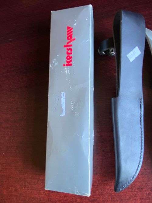 JAPAN KERSHAW KNIFE WITH RUBBER HANDLE IN LEATHER SHEETH IN ORIGINAL BOX-OVERALL LENGTH 26 CM