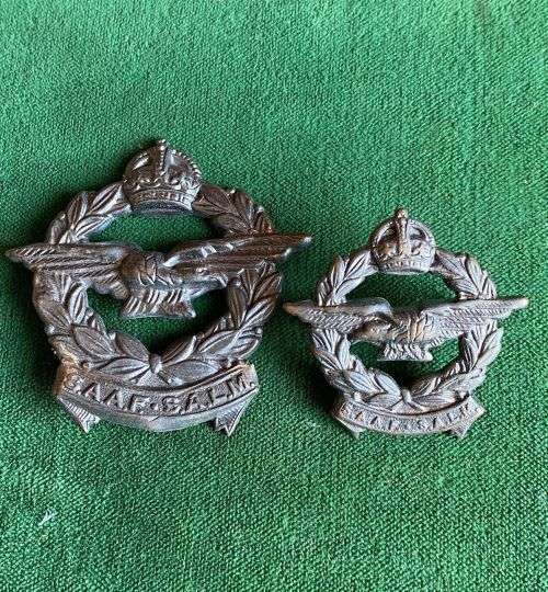 SAAF BLACKENED BRASS CAP AND ONE COLLAR-WORN 1930`S-1950`S-LUGS ON CAP DAMAGED