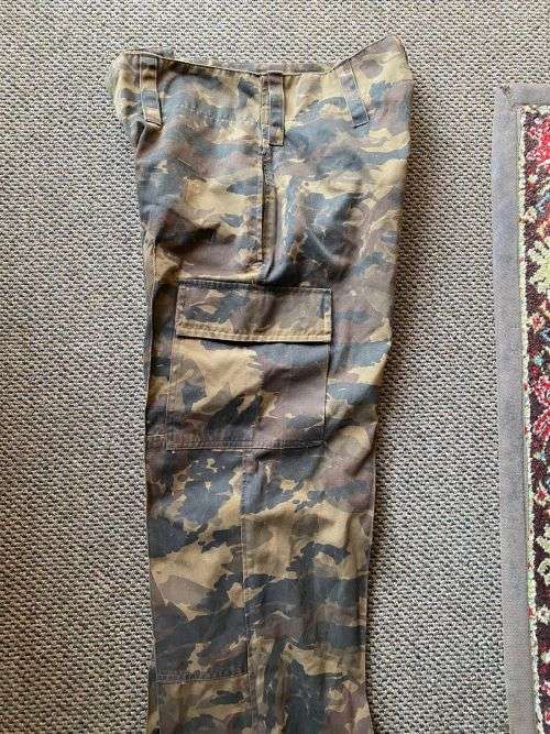 CISKEI DEFENCE FORCE CAMO TROUSERS-SIZE 32,PIPE LENGTH 77 CM-MAKER LABELLED-GOOD CONDITION WITH NO D