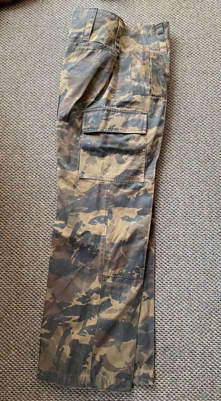 CISKEI DEFENCE FORCE CAMO TROUSERS-SIZE 32,PIPE LENGTH 77 CM-MAKER LABELLED-GOOD CONDITION WITH NO D